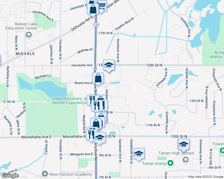 map of restaurants, bars, coffee shops, grocery stores, and more near 1343 Gentry Avenue North in Oakdale