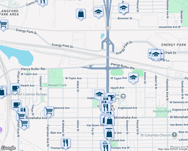 map of restaurants, bars, coffee shops, grocery stores, and more near 905 Fry Street in Saint Paul