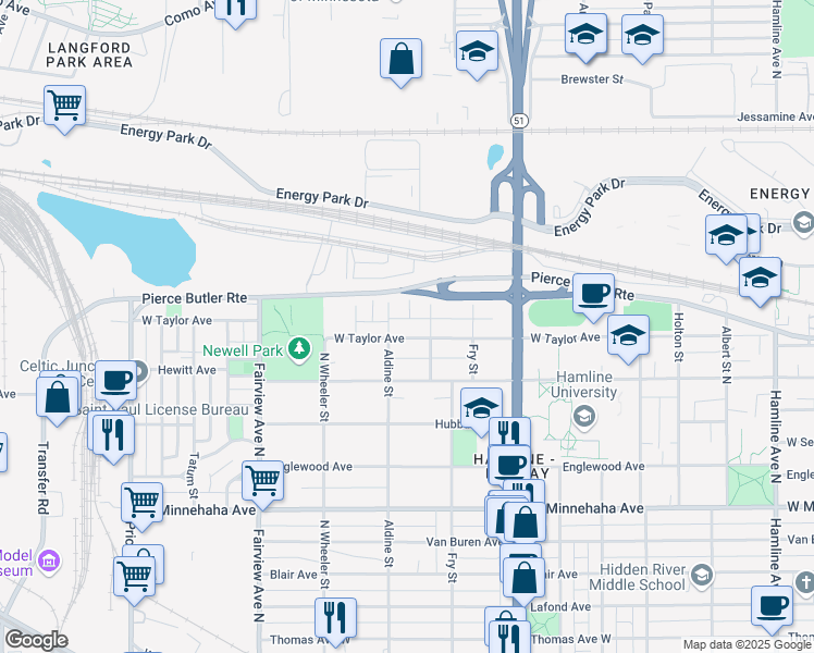 map of restaurants, bars, coffee shops, grocery stores, and more near 907 Charlotte Street in Saint Paul