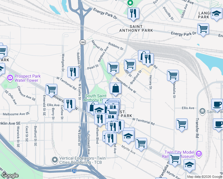 map of restaurants, bars, coffee shops, grocery stores, and more near in Saint Paul
