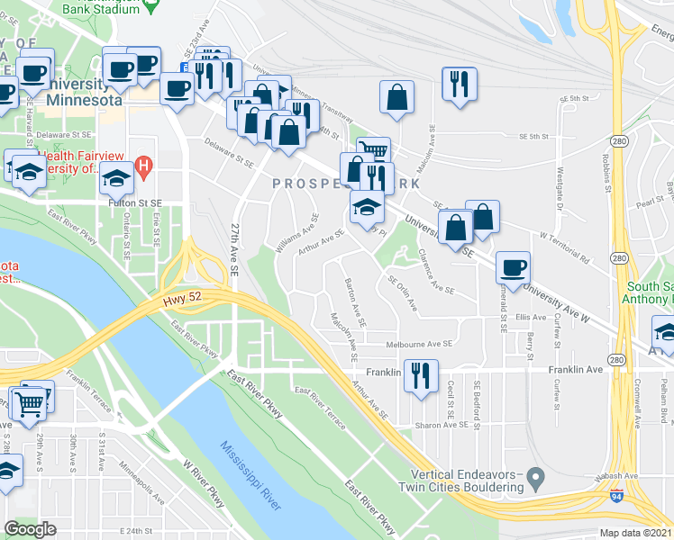 map of restaurants, bars, coffee shops, grocery stores, and more near 100 Malcolm Avenue Southeast in Minneapolis
