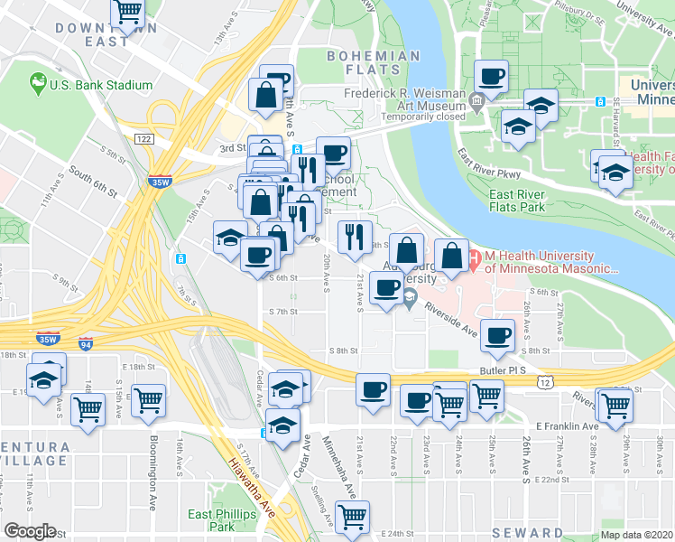 map of restaurants, bars, coffee shops, grocery stores, and more near 2022 Riverside Avenue in Minneapolis