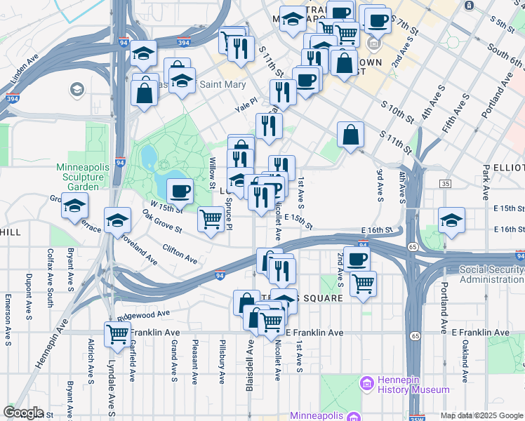 map of restaurants, bars, coffee shops, grocery stores, and more near 1409 Lasalle Avenue in Minneapolis