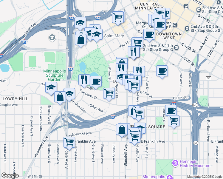 map of restaurants, bars, coffee shops, grocery stores, and more near in Minneapolis