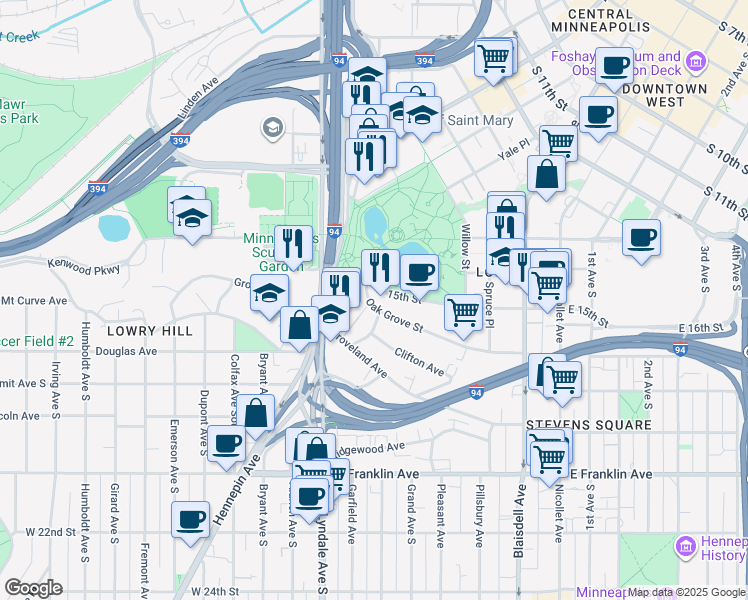 map of restaurants, bars, coffee shops, grocery stores, and more near in Minneapolis
