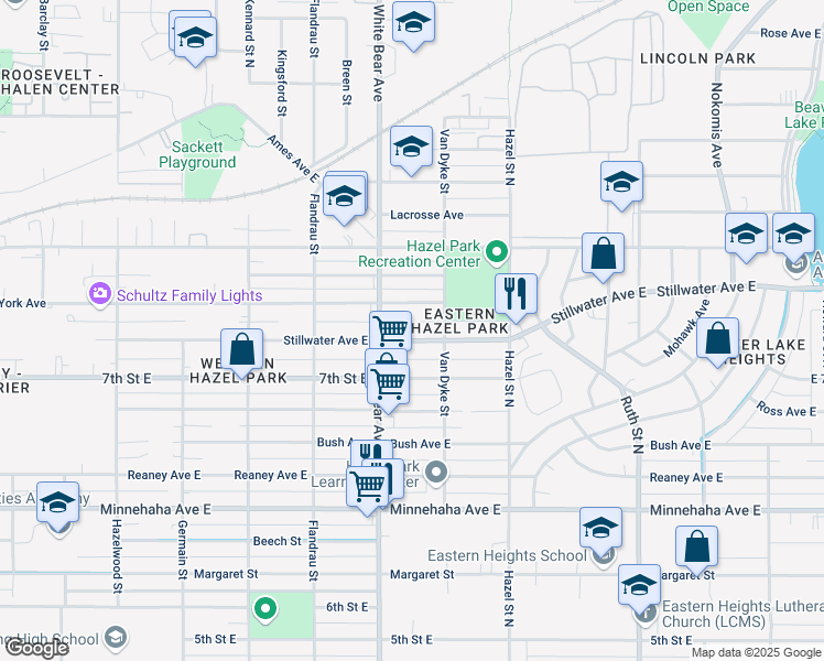 map of restaurants, bars, coffee shops, grocery stores, and more near 1807 Stillwater Avenue East in Saint Paul