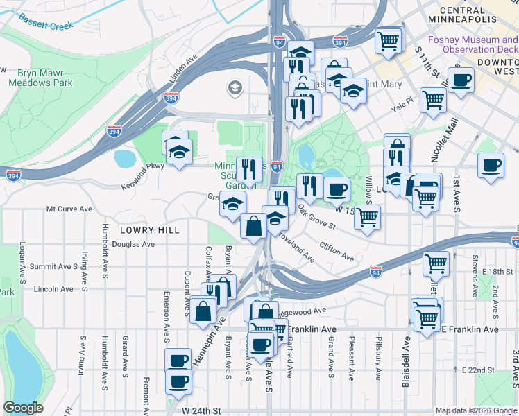 map of restaurants, bars, coffee shops, grocery stores, and more near 725 Vineland Place in Minneapolis