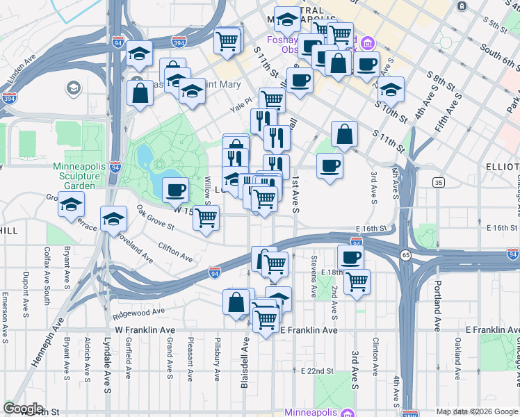 map of restaurants, bars, coffee shops, grocery stores, and more near 18 West 15th Street in Minneapolis