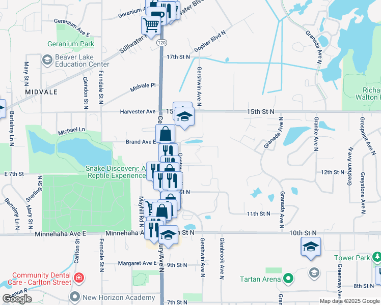 map of restaurants, bars, coffee shops, grocery stores, and more near 1343 Gentry Avenue North in Oakdale