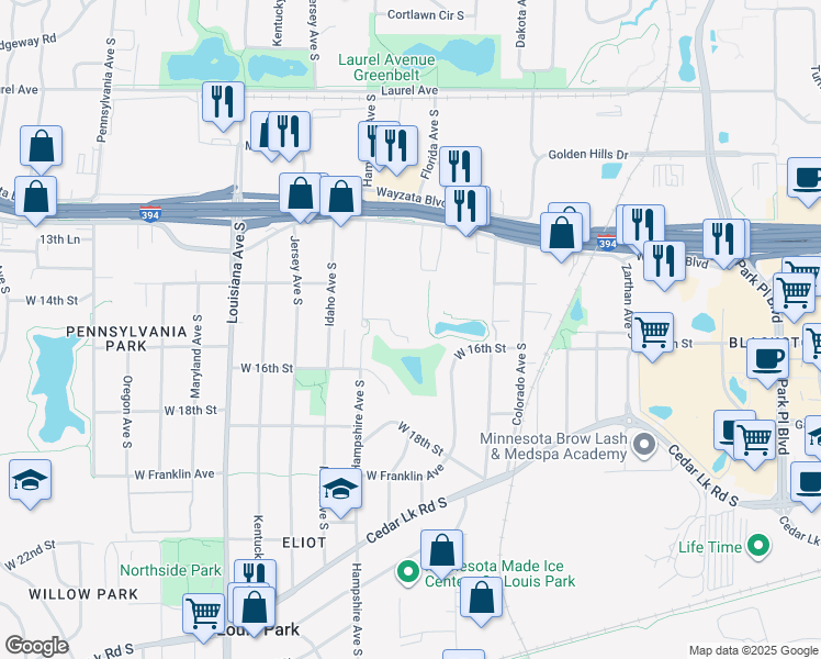 map of restaurants, bars, coffee shops, grocery stores, and more near 1435 Hampshire Avenue South in St. Louis Park