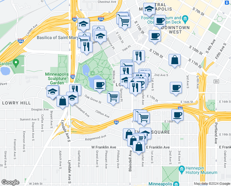 map of restaurants, bars, coffee shops, grocery stores, and more near in Minneapolis
