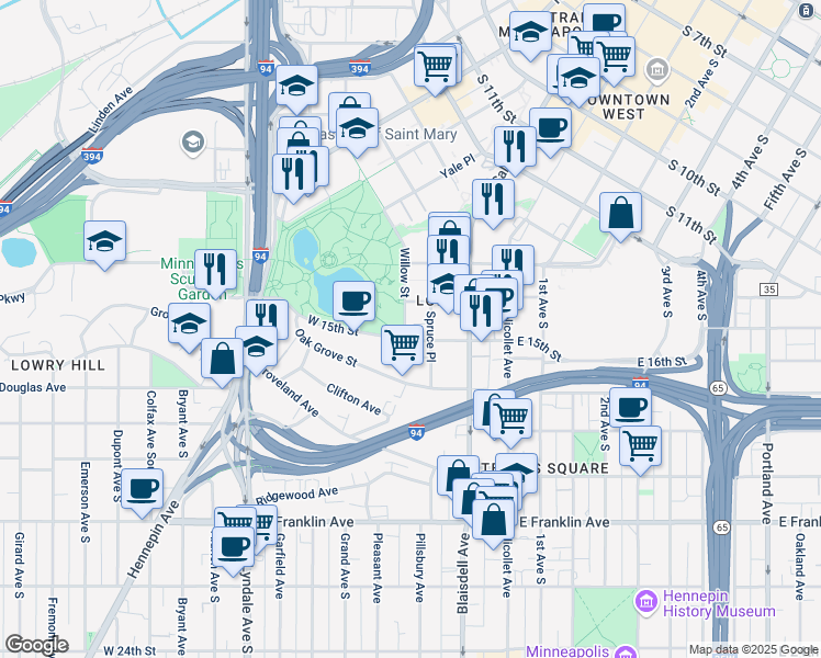 map of restaurants, bars, coffee shops, grocery stores, and more near 214 West 15th Street in Minneapolis