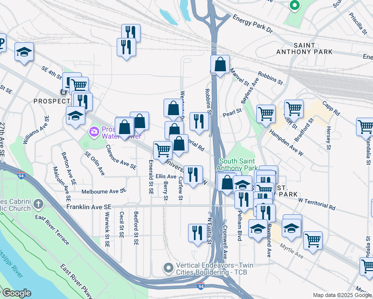 map of restaurants, bars, coffee shops, grocery stores, and more near 2615-2629 W Territorial Rd in St Paul