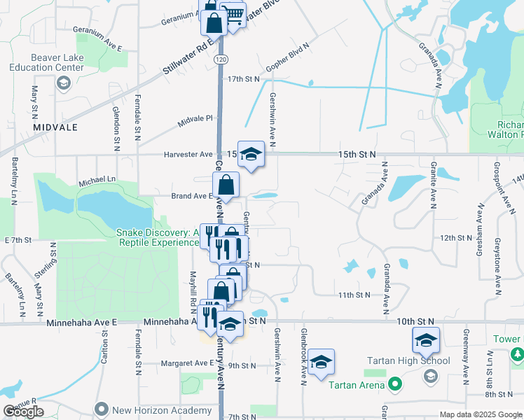 map of restaurants, bars, coffee shops, grocery stores, and more near 1343 Gentry Avenue North in Oakdale