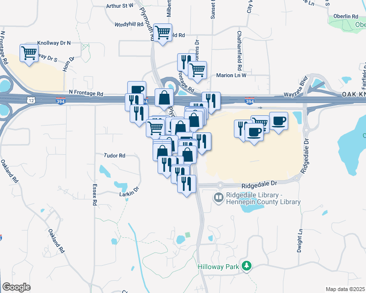 map of restaurants, bars, coffee shops, grocery stores, and more near 13000 Ridgedale Drive in Minnetonka