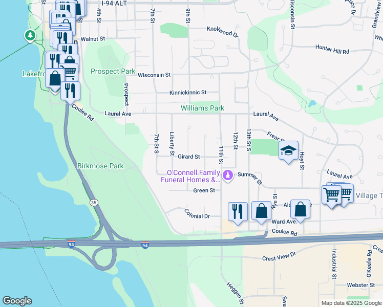 map of restaurants, bars, coffee shops, grocery stores, and more near 901 Girard Street in Hudson