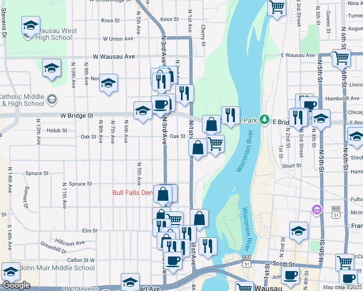 map of restaurants, bars, coffee shops, grocery stores, and more near 430 North 2nd Avenue in Wausau