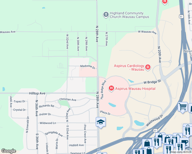 map of restaurants, bars, coffee shops, grocery stores, and more near 500-598 N 28th Ave in Wausau