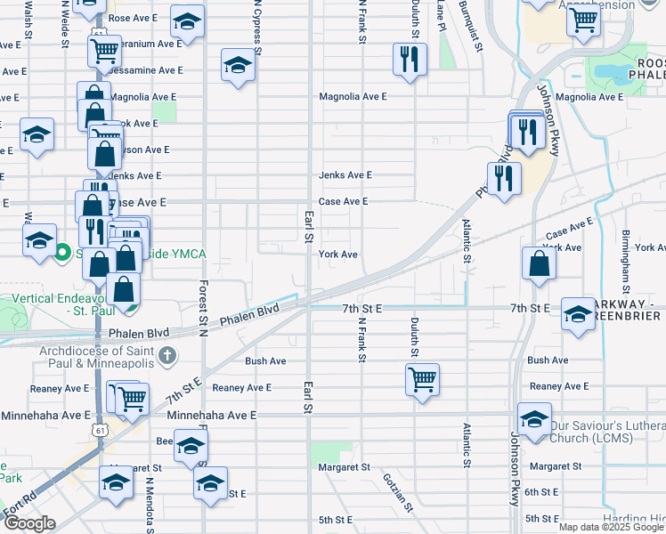 map of restaurants, bars, coffee shops, grocery stores, and more near 1108 York Avenue in Saint Paul