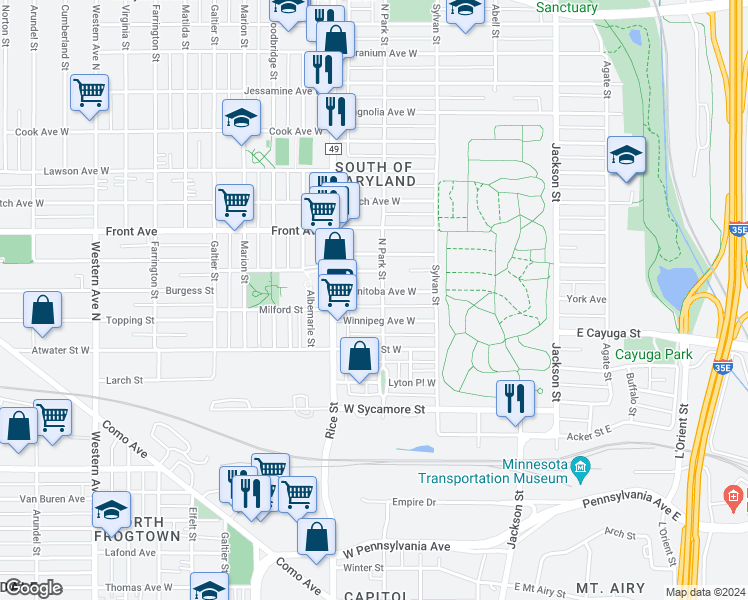 map of restaurants, bars, coffee shops, grocery stores, and more near 91 Manitoba Avenue West in Saint Paul