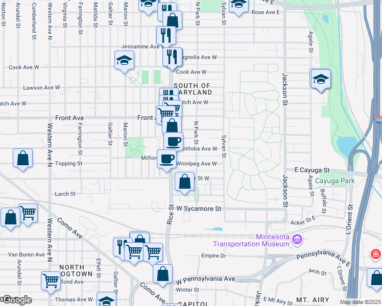 map of restaurants, bars, coffee shops, grocery stores, and more near 117 Manitoba Avenue West in Saint Paul