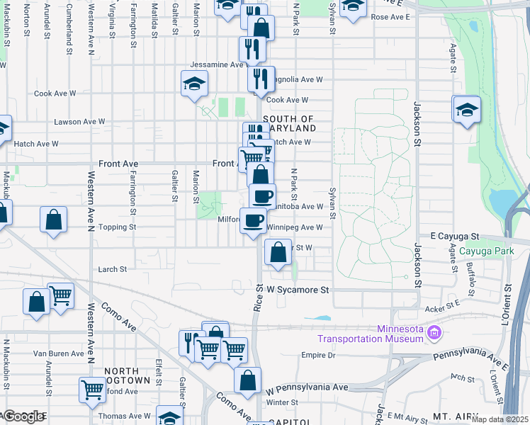 map of restaurants, bars, coffee shops, grocery stores, and more near 117 Manitoba Avenue West in Saint Paul