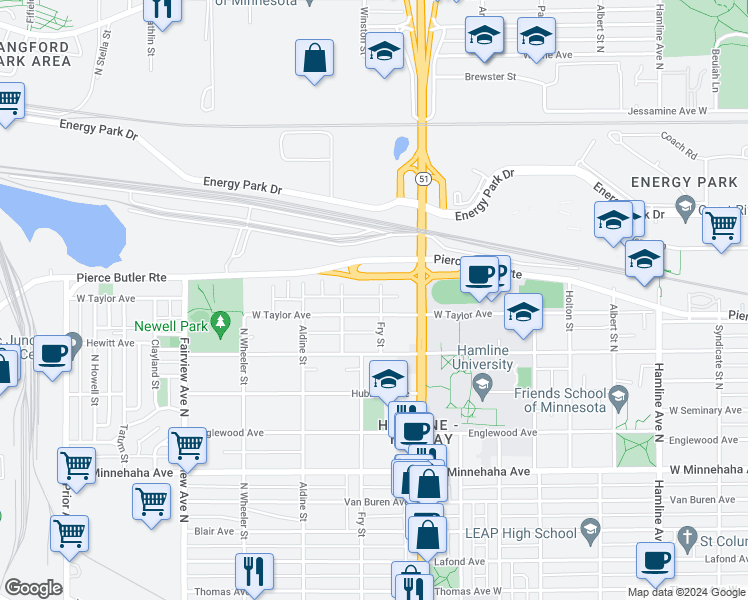 map of restaurants, bars, coffee shops, grocery stores, and more near 905 Fry Street in Saint Paul