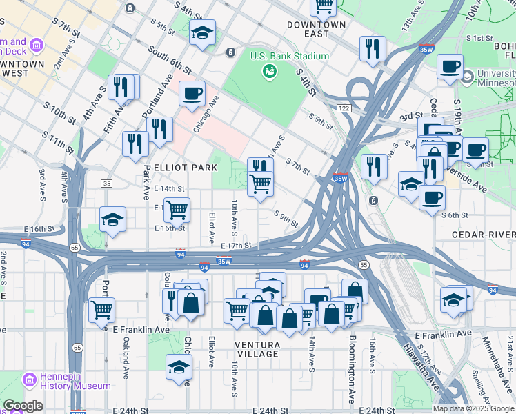 map of restaurants, bars, coffee shops, grocery stores, and more near 1409 South 11th Street in Minneapolis