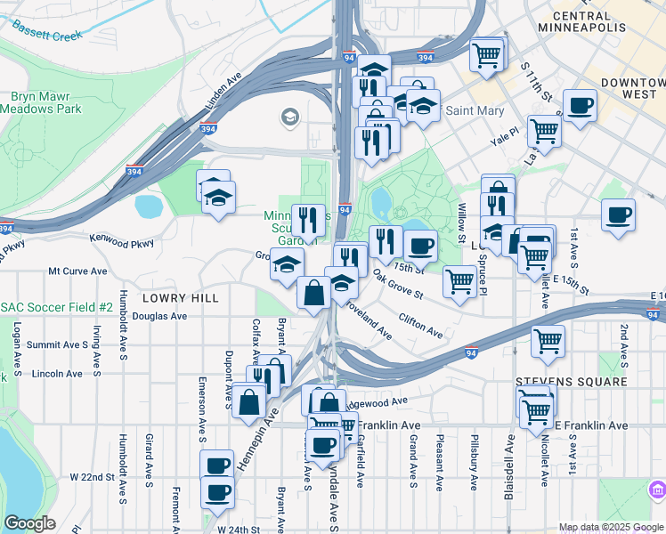 map of restaurants, bars, coffee shops, grocery stores, and more near in Minneapolis