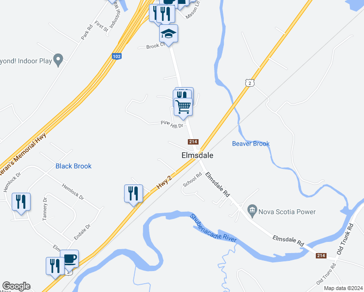 map of restaurants, bars, coffee shops, grocery stores, and more near 2 Miller Road in Elmsdale