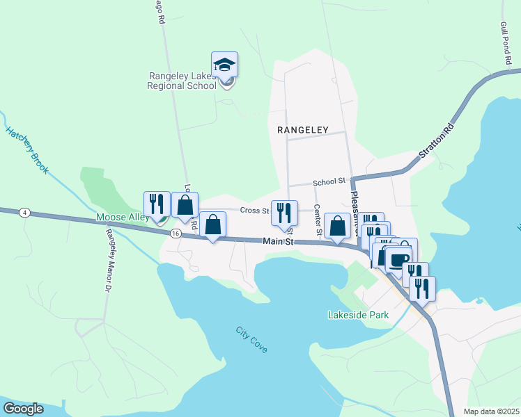 map of restaurants, bars, coffee shops, grocery stores, and more near 35 Cross Street in Rangeley