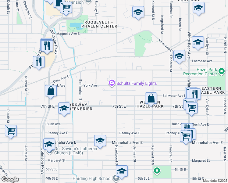 map of restaurants, bars, coffee shops, grocery stores, and more near 907 Hazelwood Street in Saint Paul