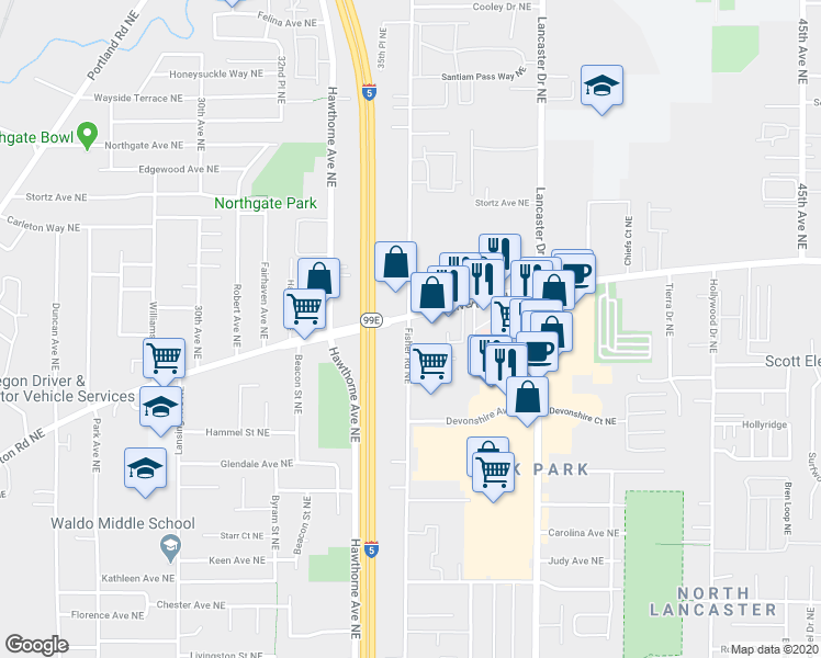 map of restaurants, bars, coffee shops, grocery stores, and more near 3612 Fisher Road Northeast in Salem