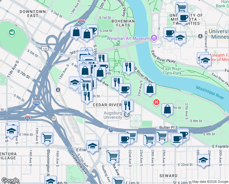 map of restaurants, bars, coffee shops, grocery stores, and more near 2015 Riverside Avenue in Minneapolis