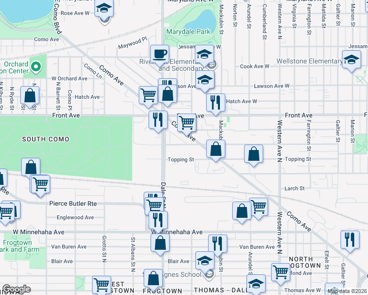 map of restaurants, bars, coffee shops, grocery stores, and more near 574 Burgess Street in Saint Paul