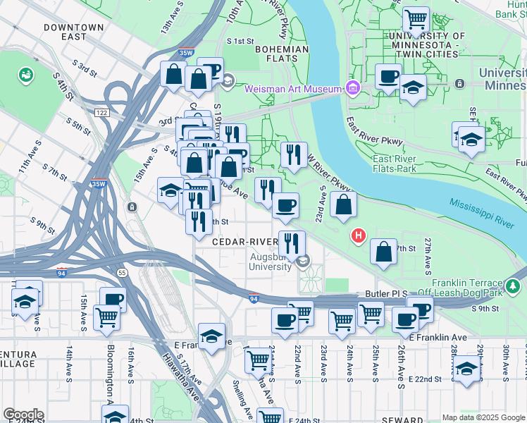 map of restaurants, bars, coffee shops, grocery stores, and more near 2015 Riverside Avenue in Minneapolis
