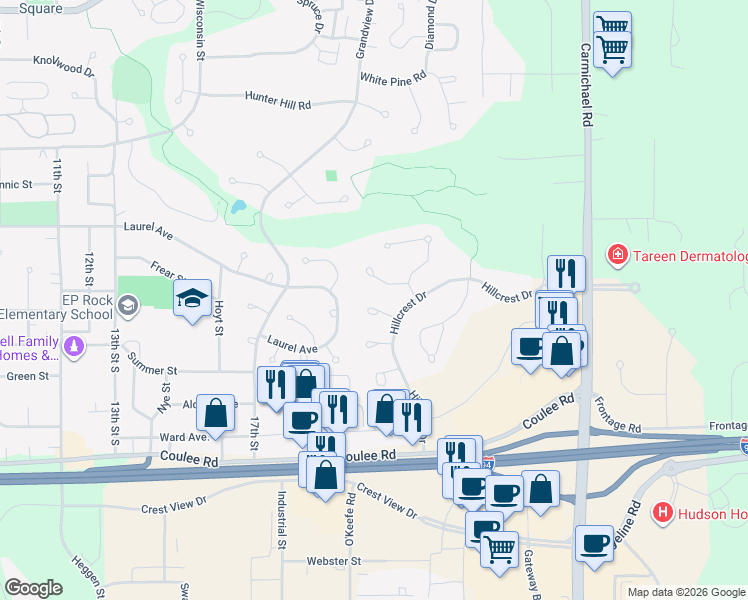 map of restaurants, bars, coffee shops, grocery stores, and more near 2168 Oakgrove Court in Hudson