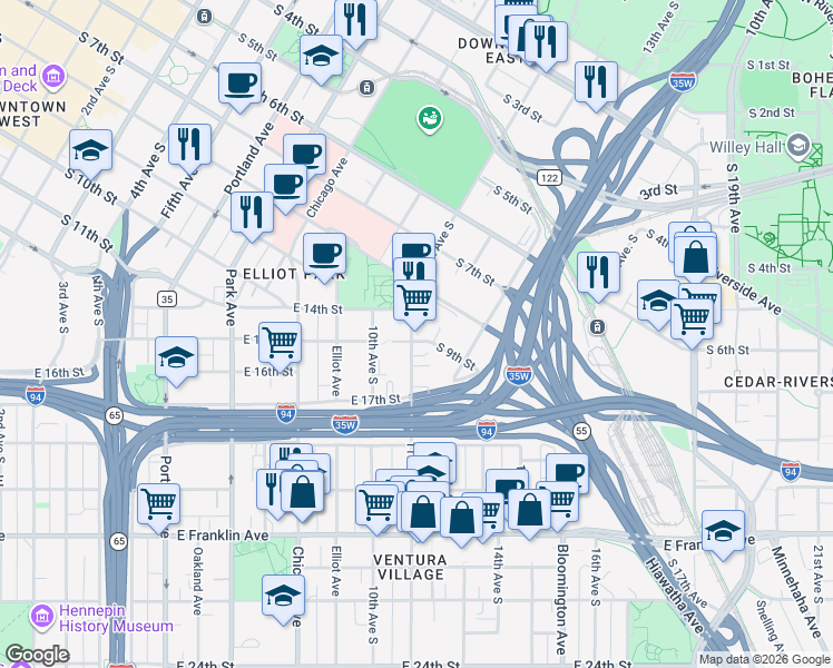 map of restaurants, bars, coffee shops, grocery stores, and more near 1423 11th Avenue South in Minneapolis