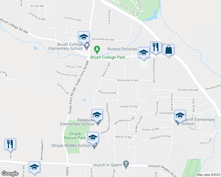 map of restaurants, bars, coffee shops, grocery stores, and more near 1947 Wimbledon Court Northwest in Salem