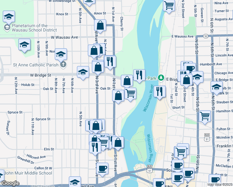 map of restaurants, bars, coffee shops, grocery stores, and more near 432 North 1st Avenue in Wausau