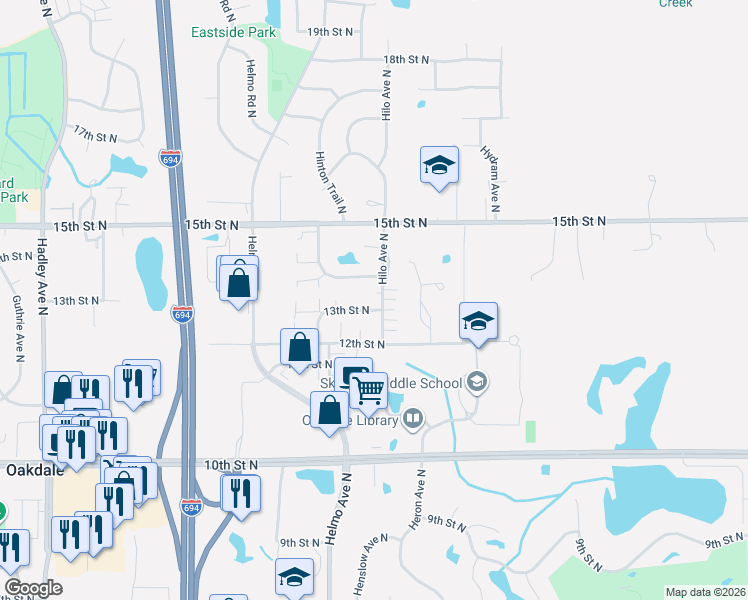 map of restaurants, bars, coffee shops, grocery stores, and more near 1322 Hilo Avenue North in Oakdale