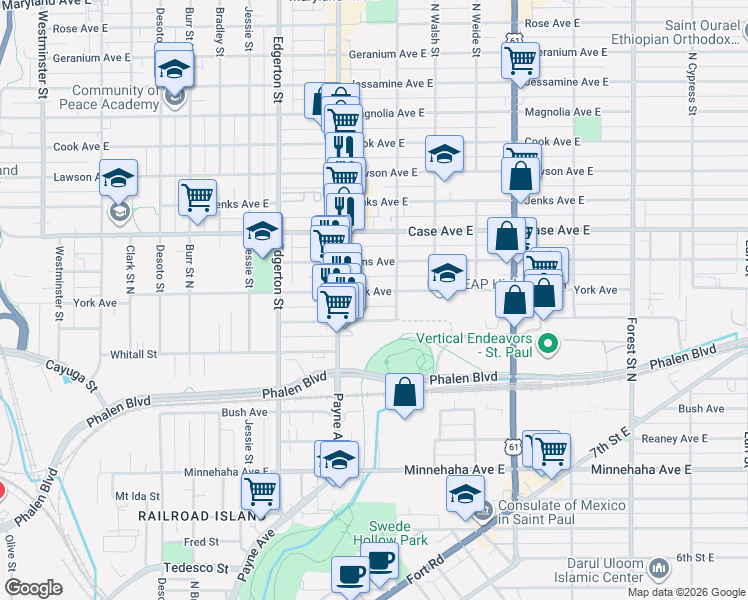 map of restaurants, bars, coffee shops, grocery stores, and more near 677 York Avenue in Saint Paul