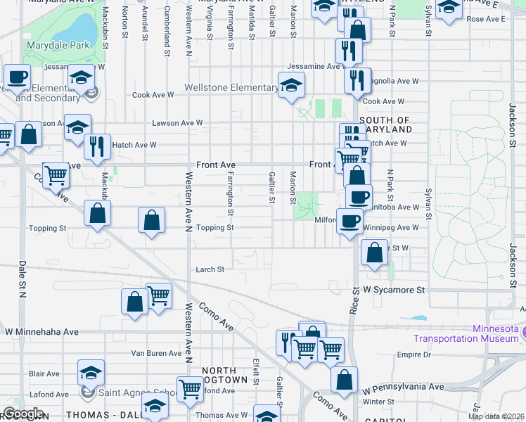 map of restaurants, bars, coffee shops, grocery stores, and more near 263 Burgess Street in Saint Paul