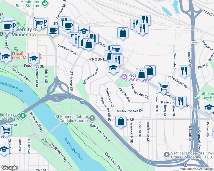 map of restaurants, bars, coffee shops, grocery stores, and more near 22 Southeast Orlin Avenue in Minneapolis