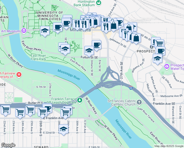 map of restaurants, bars, coffee shops, grocery stores, and more near 916 Dartmouth Place Southeast in Minneapolis