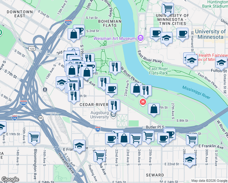 map of restaurants, bars, coffee shops, grocery stores, and more near in Minneapolis