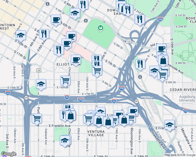 map of restaurants, bars, coffee shops, grocery stores, and more near 1409 South 11th Street in Minneapolis