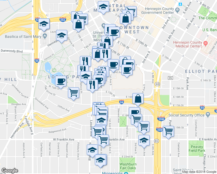 map of restaurants, bars, coffee shops, grocery stores, and more near 1411 Nicollet Avenue in Minneapolis