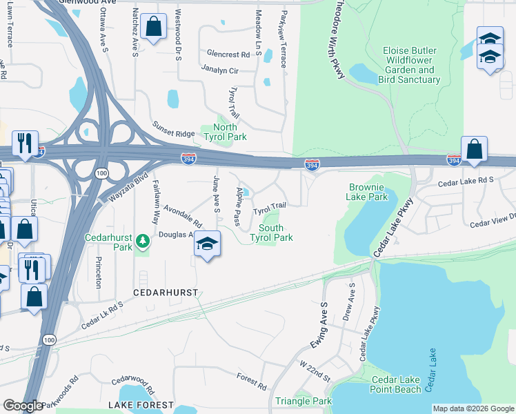map of restaurants, bars, coffee shops, grocery stores, and more near 1319 Tyrol Trail in Minneapolis
