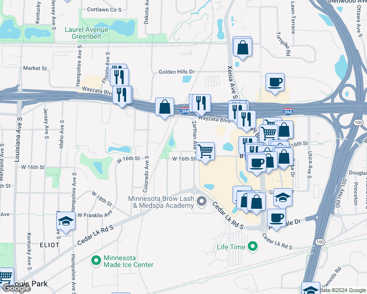 map of restaurants, bars, coffee shops, grocery stores, and more near in St. Louis Park